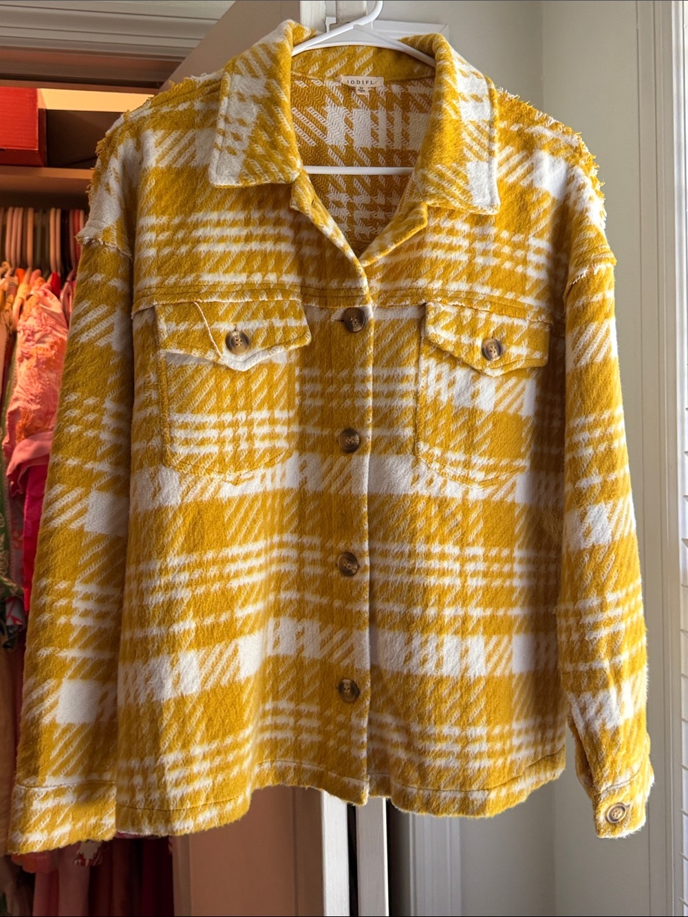 JODIFL Yellow and White Plaid Button-Front Shacket